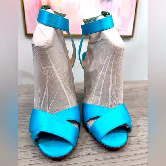 Christian Louboutin Teal Satin Open Toe Ankle Strap Wedges In Teal Size 8