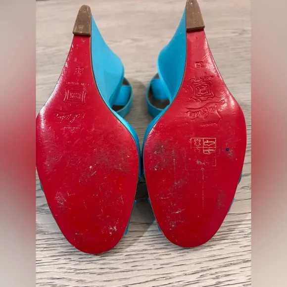Christian Louboutin Teal Satin Open Toe Ankle Strap Wedges In Teal Size 8