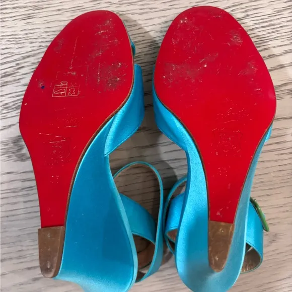 Christian Louboutin Teal Satin Open Toe Ankle Strap Wedges In Teal Size 8