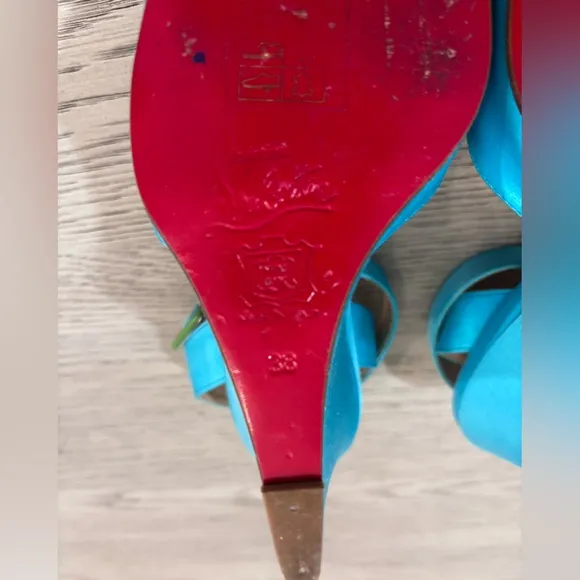 Christian Louboutin Teal Satin Open Toe Ankle Strap Wedges In Teal Size 8