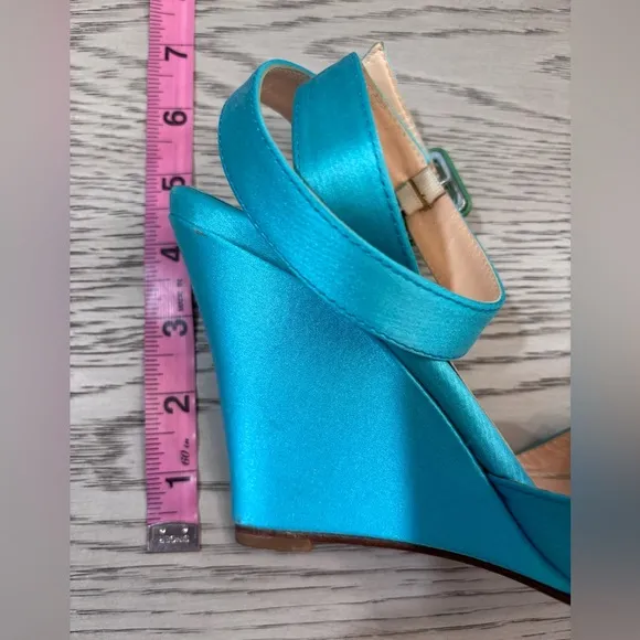 Christian Louboutin Teal Satin Open Toe Ankle Strap Wedges In Teal Size 8