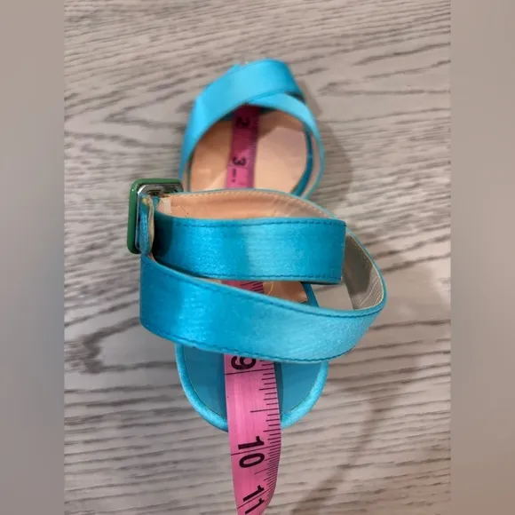 Christian Louboutin Teal Satin Open Toe Ankle Strap Wedges In Teal Size 8