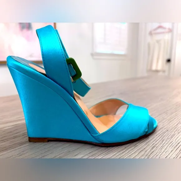 Christian Louboutin Teal Satin Open Toe Ankle Strap Wedges In Teal Size 8