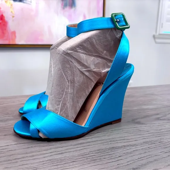 Christian Louboutin Teal Satin Open Toe Ankle Strap Wedges In Teal Size 8
