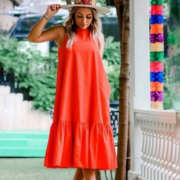 Christopher John Rogers Red Orange Baby Doll Ruffle Dress Size XS