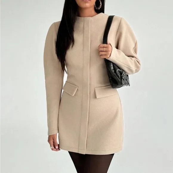 Cinched waist collarless puff sleeve long sleeve mini blazer dress cream / beige