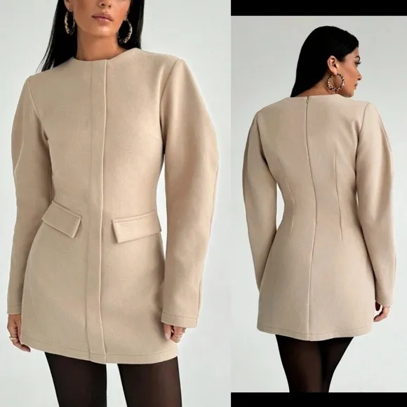 Cinched waist collarless puff sleeve long sleeve mini blazer dress cream / beige