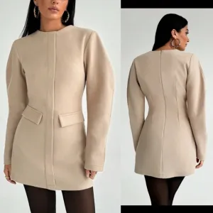 Cinched waist collarless puff sleeve long sleeve mini blazer dress cream / beige