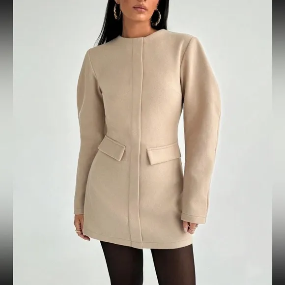 Cinched waist collarless puff sleeve long sleeve mini blazer dress cream / beige