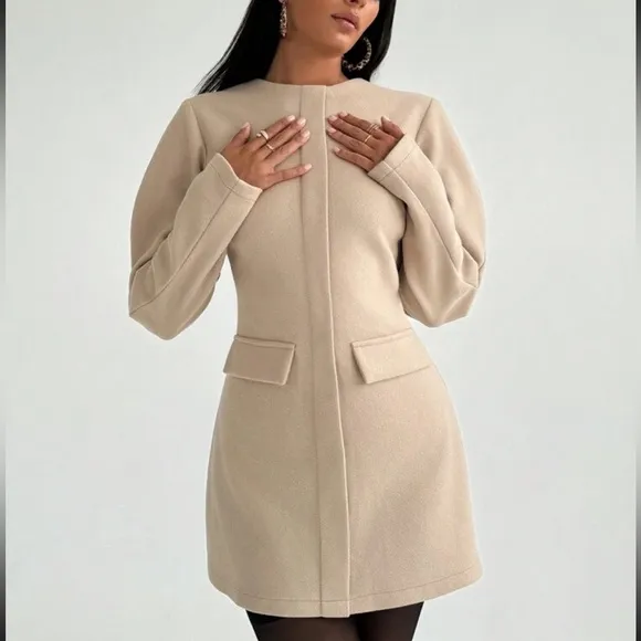 Cinched waist collarless puff sleeve long sleeve mini blazer dress cream / beige