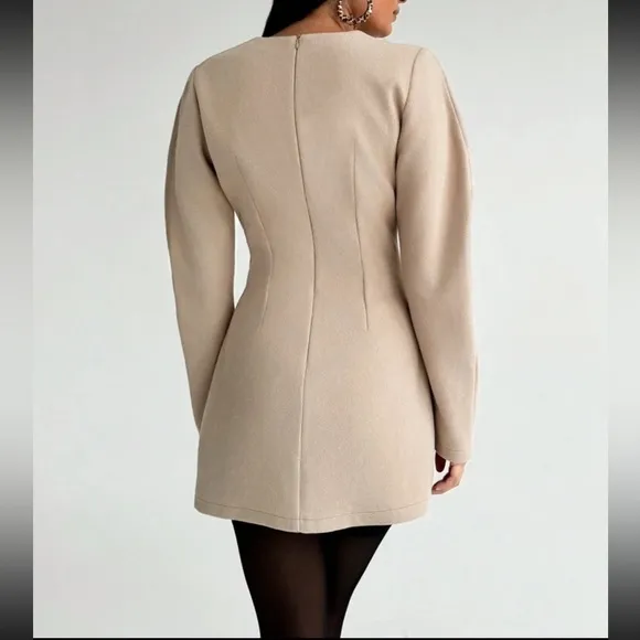 Cinched waist collarless puff sleeve long sleeve mini blazer dress cream / beige