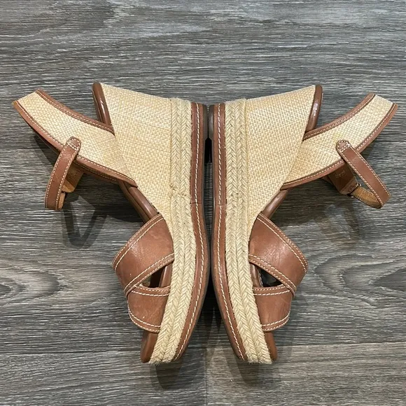 Clarks Amelia Air Espadrille Platform Wedges Heels Sandals Leather Tan Size 8.5