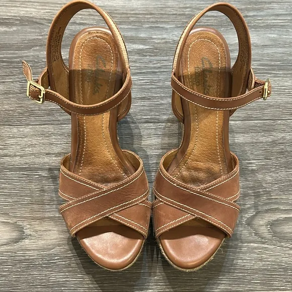 Clarks Amelia Air Espadrille Platform Wedges Heels Sandals Leather Tan Size 8.5