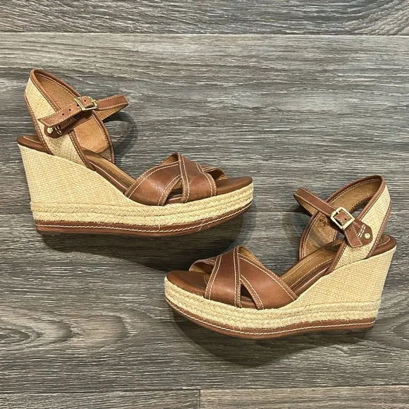 Clarks Amelia Air Espadrille Platform Wedges Heels Sandals Leather Tan Size 8.5