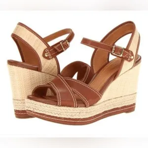 Clarks Amelia Air Espadrille Platform Wedges Heels Sandals Leather Tan Size 8.5