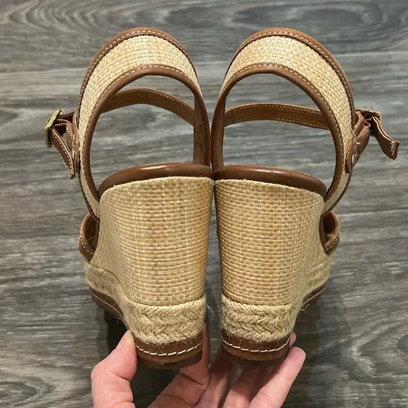 Clarks Amelia Air Espadrille Platform Wedges Heels Sandals Leather Tan Size 8.5