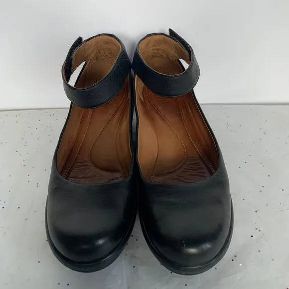 Clarks Artisan Clarene Tide Black Leather Ankle Strap Platform Wedges - Size 6.5