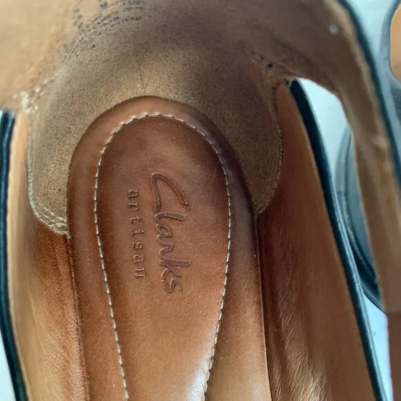 Clarks Artisan Clarene Tide Black Leather Ankle Strap Platform Wedges - Size 6.5