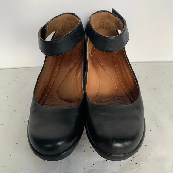 Clarks Artisan Clarene Tide Black Leather Ankle Strap Platform Wedges - Size 6.5