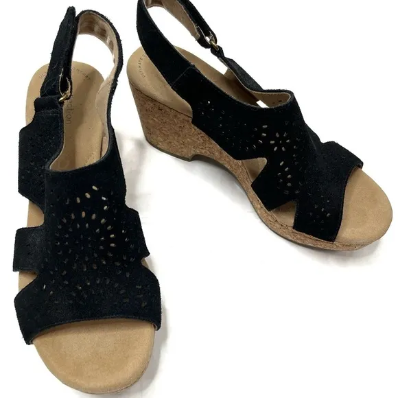 Clarks Giselle Bay Black Suede Cutout Wedges
