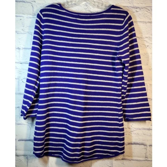 Claudia Nichole Cashmere Sweater Top Blue White Stripe Buttons Detail Size M NWT