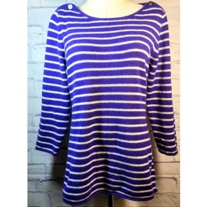 Claudia Nichole Cashmere Sweater Top Blue White Stripe Buttons Detail Size M NWT