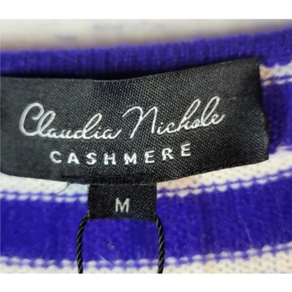 Claudia Nichole Cashmere Sweater Top Blue White Stripe Buttons Detail Size M NWT