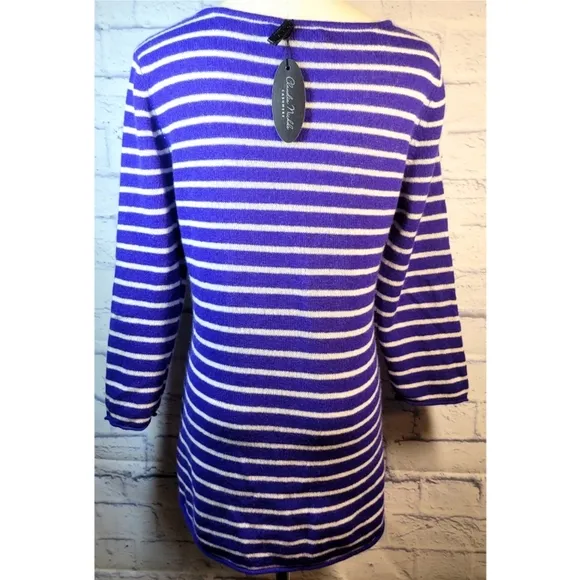 Claudia Nichole Cashmere Sweater Top Blue White Stripe Buttons Detail Size M NWT