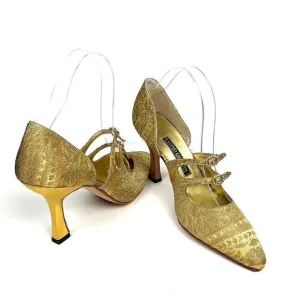 CLAUDIO MERAZZI Gold Brocade Formal Pumps Pointed Toe Embellished Details US 7,5