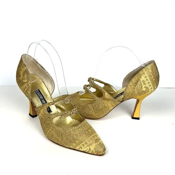 CLAUDIO MERAZZI Gold Brocade Formal Pumps Pointed Toe Embellished Details US 7,5