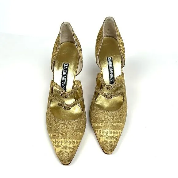 CLAUDIO MERAZZI Gold Brocade Formal Pumps Pointed Toe Embellished Details US 7,5