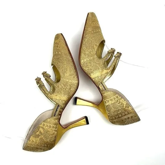 CLAUDIO MERAZZI Gold Brocade Formal Pumps Pointed Toe Embellished Details US 7,5