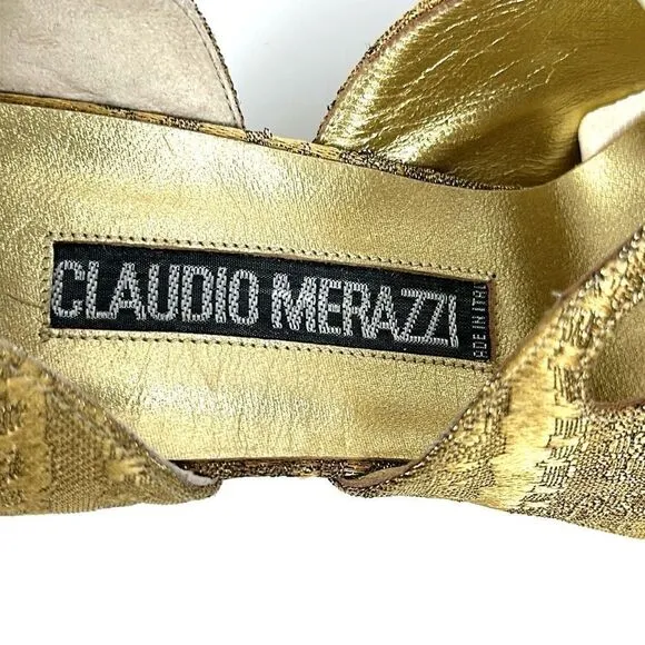 CLAUDIO MERAZZI Gold Brocade Formal Pumps Pointed Toe Embellished Details US 7,5