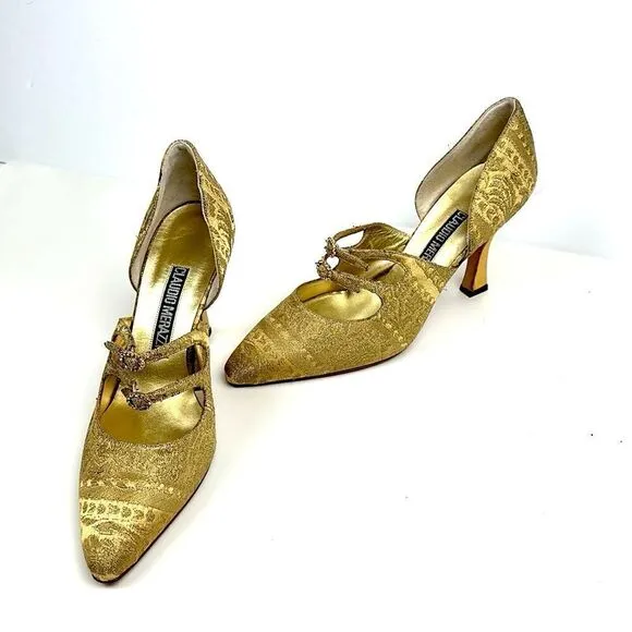 CLAUDIO MERAZZI Gold Brocade Formal Pumps Pointed Toe Embellished Details US 7,5