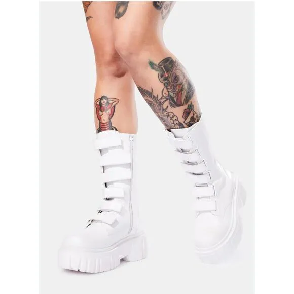 Club Exx Dolls Kill Boots Size 6 White Platform Ice Breaker Combat Six Straps