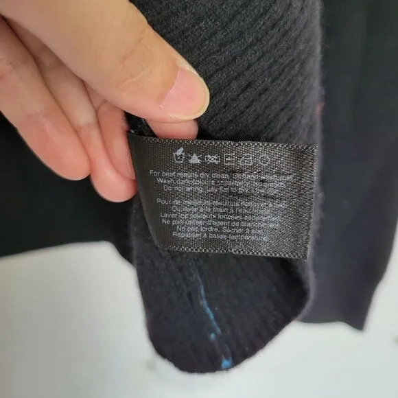 Club Monaco 100% Cashmere Black Fuzzy Round V Neck Long Sleeve Sweater Sz Large
