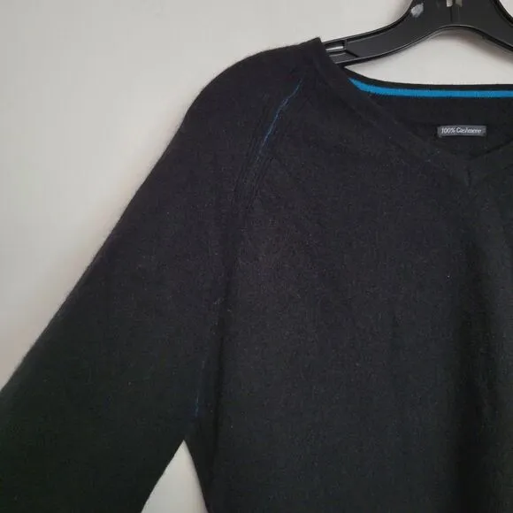 Club Monaco 100% Cashmere Black Fuzzy Round V Neck Long Sleeve Sweater Sz Large