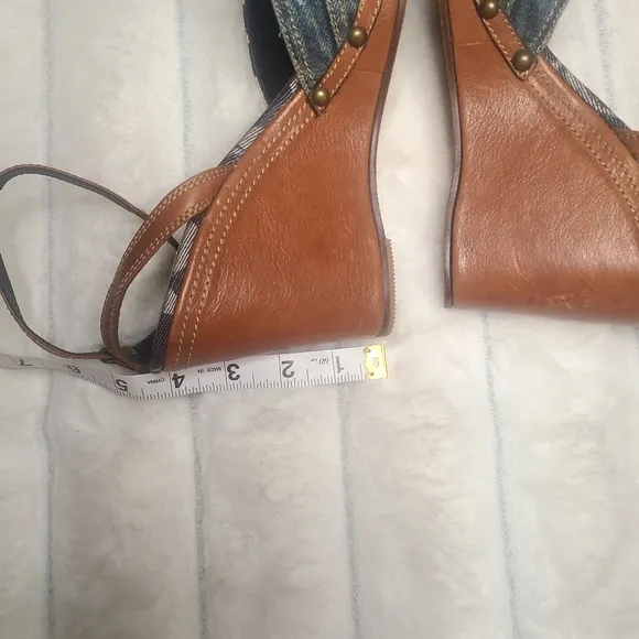 Coach Blue and Brown Wedges with Adjustable Straps and Open Toe Design