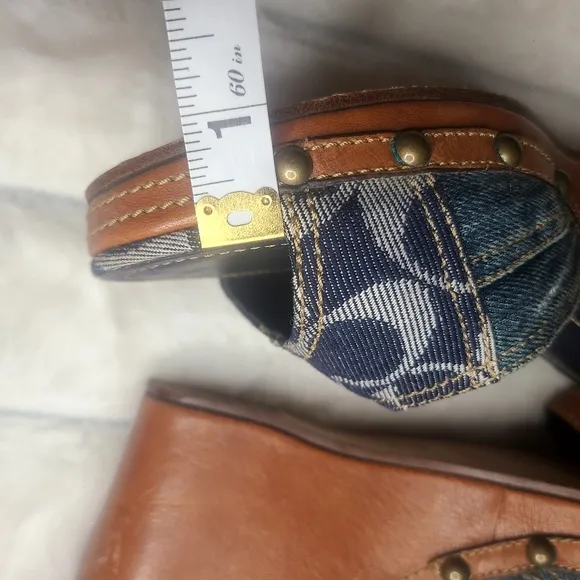 Coach Blue and Brown Wedges with Adjustable Straps and Open Toe Design