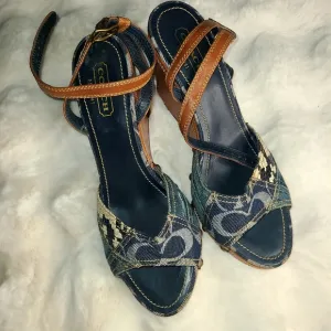 Coach Blue and Brown Wedges with Adjustable Straps and Open Toe Design