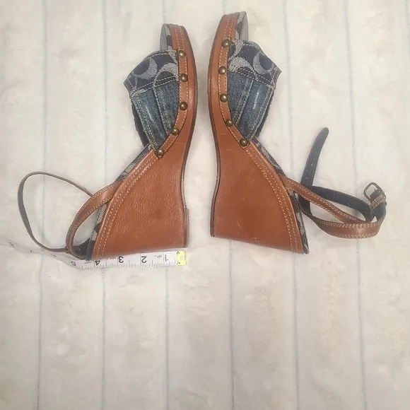 Coach Blue and Brown Wedges with Adjustable Straps and Open Toe Design