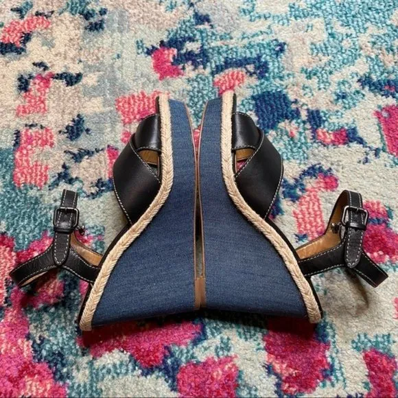 Coach Eaton Black Leather Denim Wedge Sandals Size 8.5