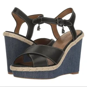 Coach Eaton Black Leather Denim Wedge Sandals Size 8.5