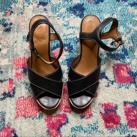 Coach Eaton Black Leather Denim Wedge Sandals Size 8.5