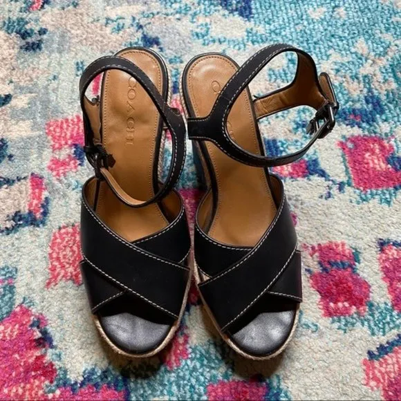 Coach Eaton Black Leather Denim Wedge Sandals Size 8.5