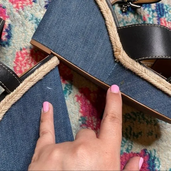 Coach Eaton Black Leather Denim Wedge Sandals Size 8.5
