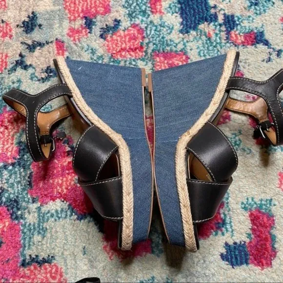 Coach Eaton Black Leather Denim Wedge Sandals Size 8.5