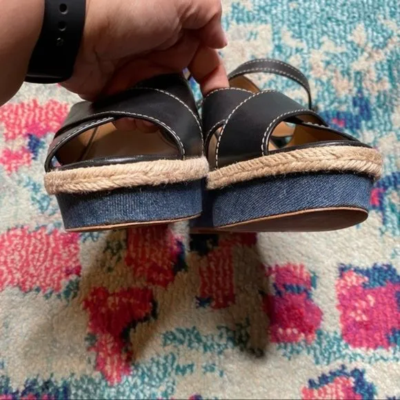 Coach Eaton Black Leather Denim Wedge Sandals Size 8.5