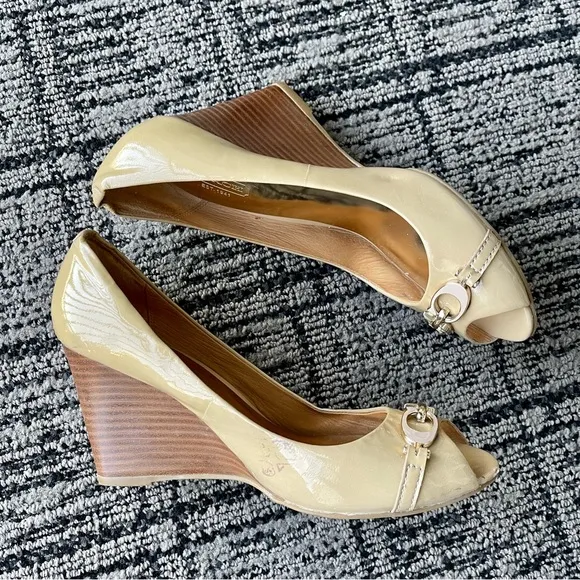 Coach Elora Patent Leather Peep Toe Wedges