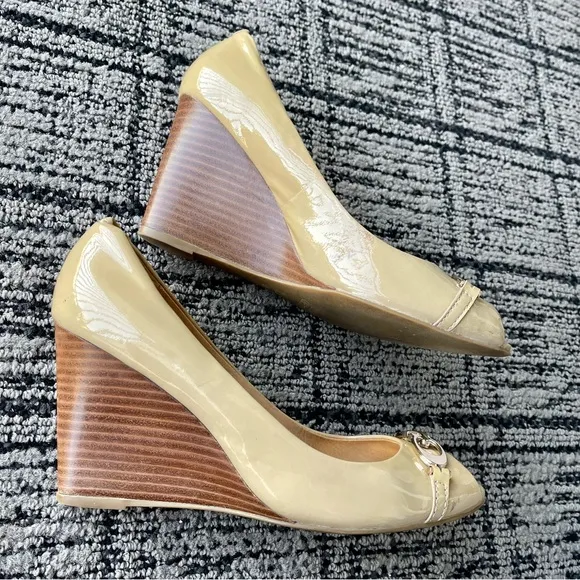 Coach Elora Patent Leather Peep Toe Wedges